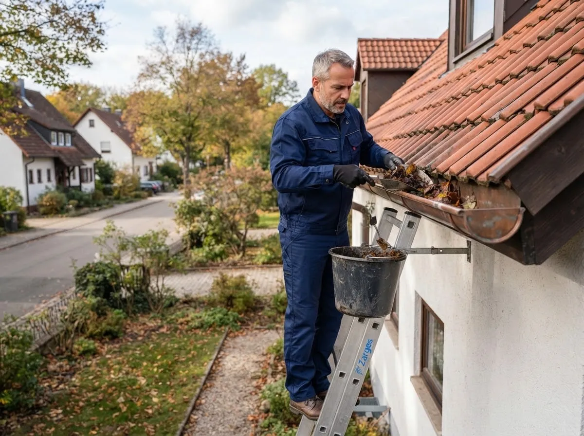 Dachrinnenreinigung: Techniker entfernt Laub aus einer verstopften Dachrinne