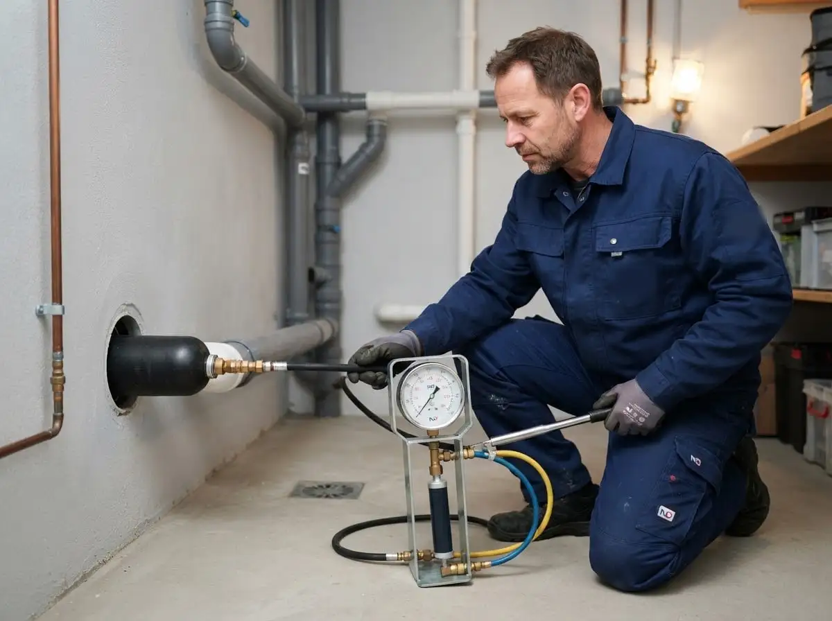 Dichtheitsprüfung: Prüfgerät mit Manometer an einer abgedichteten Abwasserleitung