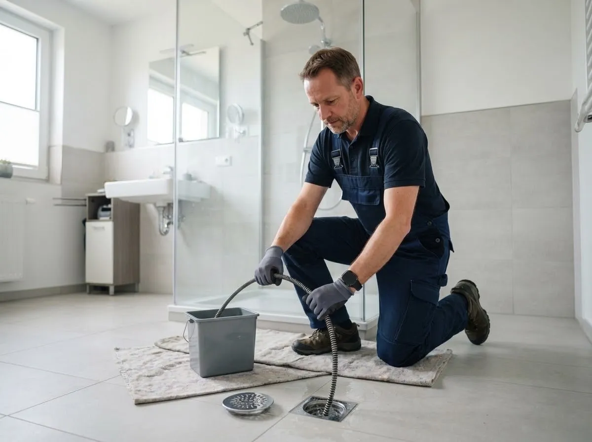 Dusche verstopft: Techniker reinigt die Duschrinne einer bodengleichen Dusche