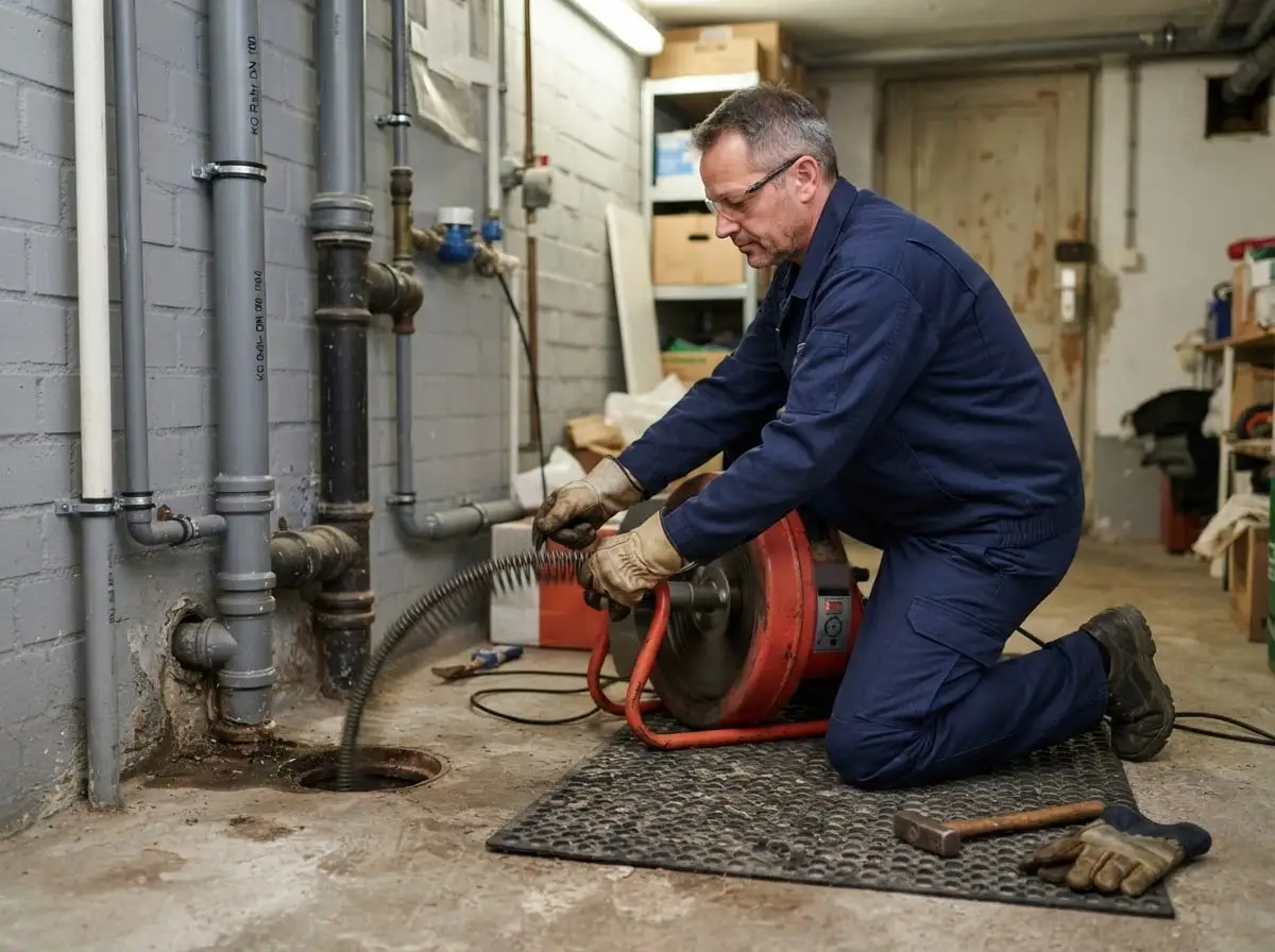 Grundleitung verstopft: Techniker reinigt die Hauptleitung im Keller mit einer Rohrreinigungsmaschine