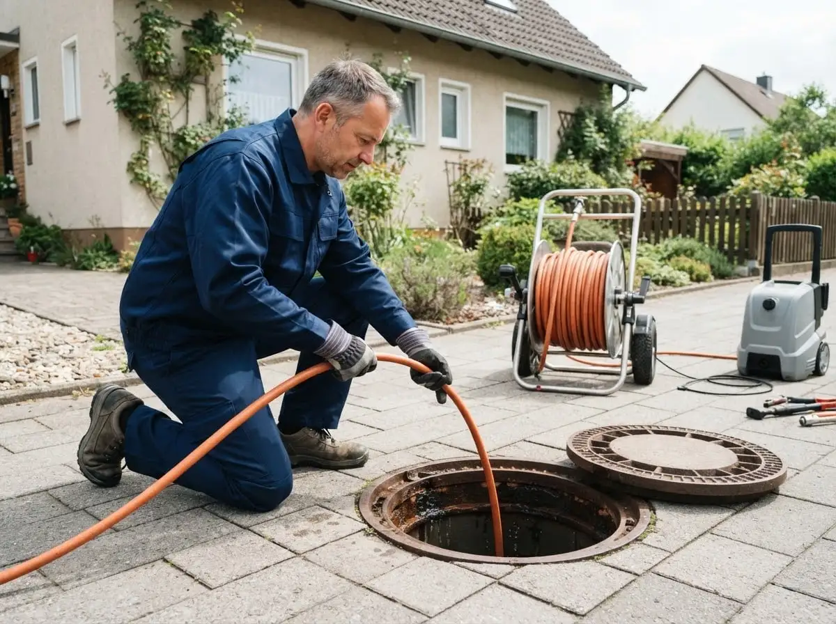 Kanalreinigung: Hochdruckschlauch wird in einen geöffneten Kanalschacht auf dem Grundstück eingeführt