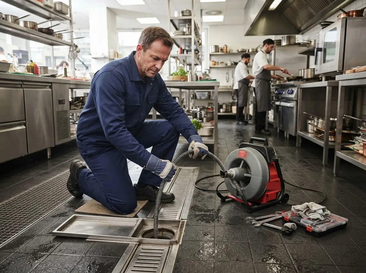 Rohrreinigung für Gewerbe: Techniker reinigt den Bodenablauf einer Gastronomieküche