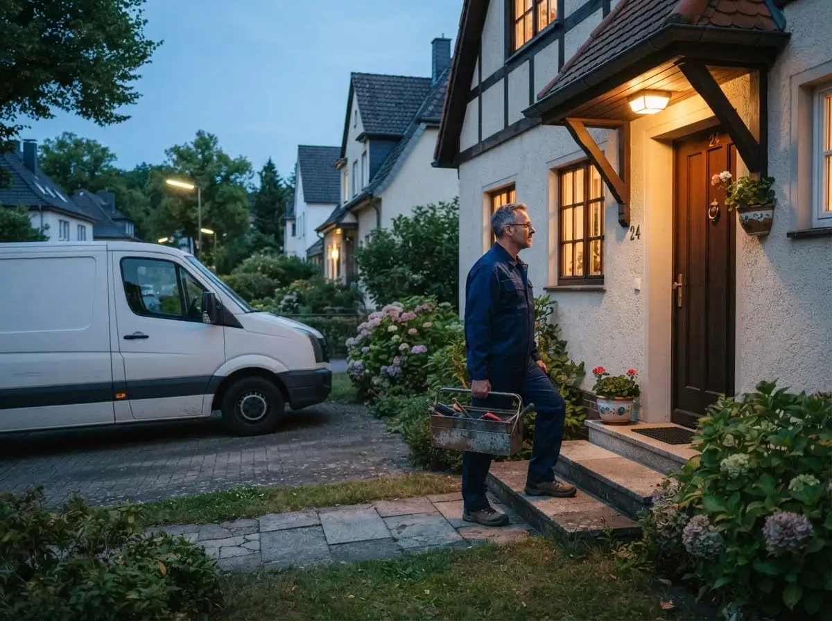 Rohrreinigung Notdienst: Techniker mit Werkzeugkoffer trifft abends beim Kunden ein