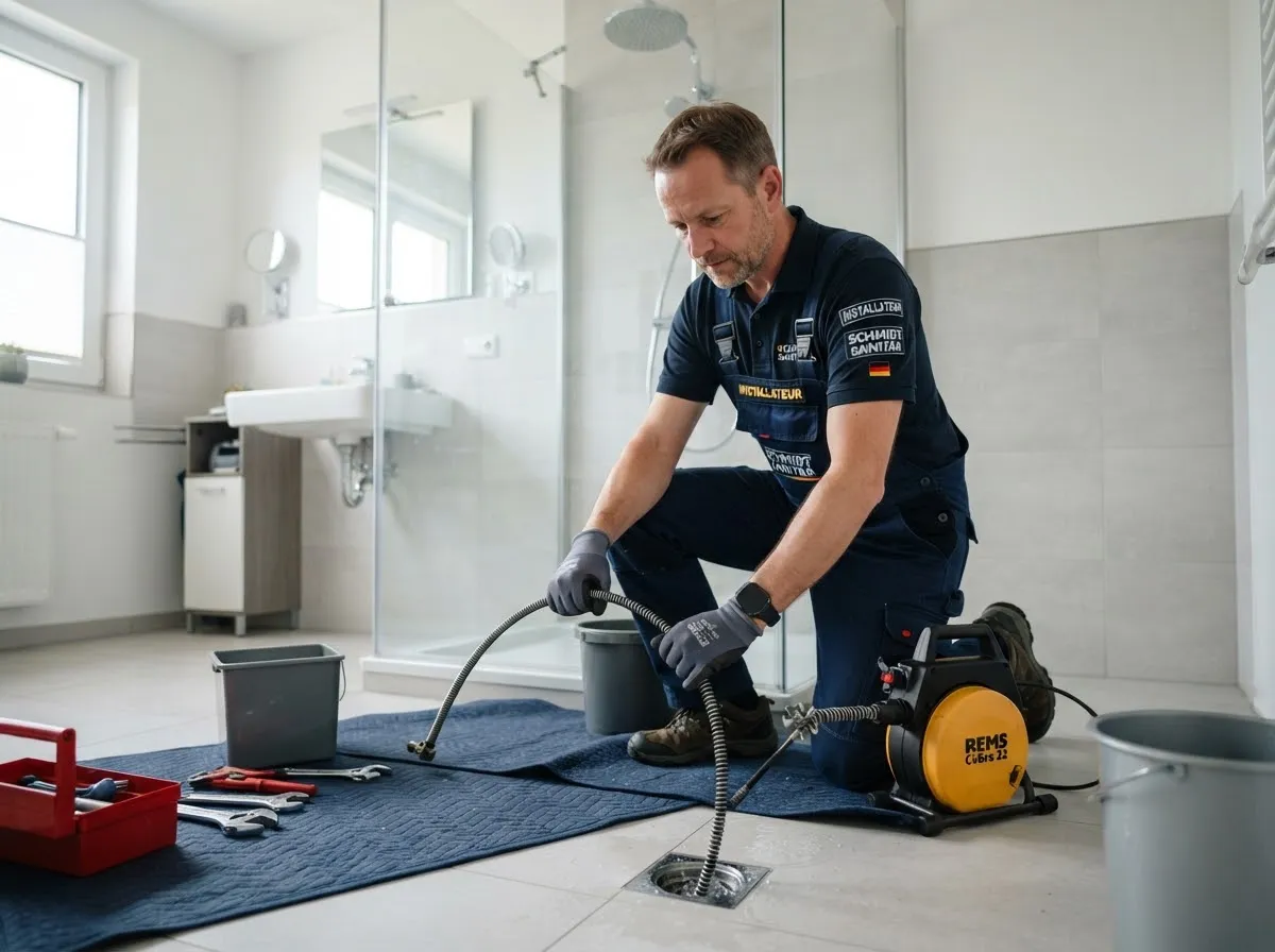 Rohrreinigung im Badezimmer: Techniker reinigt ein verstopftes Abflussrohr mit einer elektromechanischen Rohrreinigungsmaschine