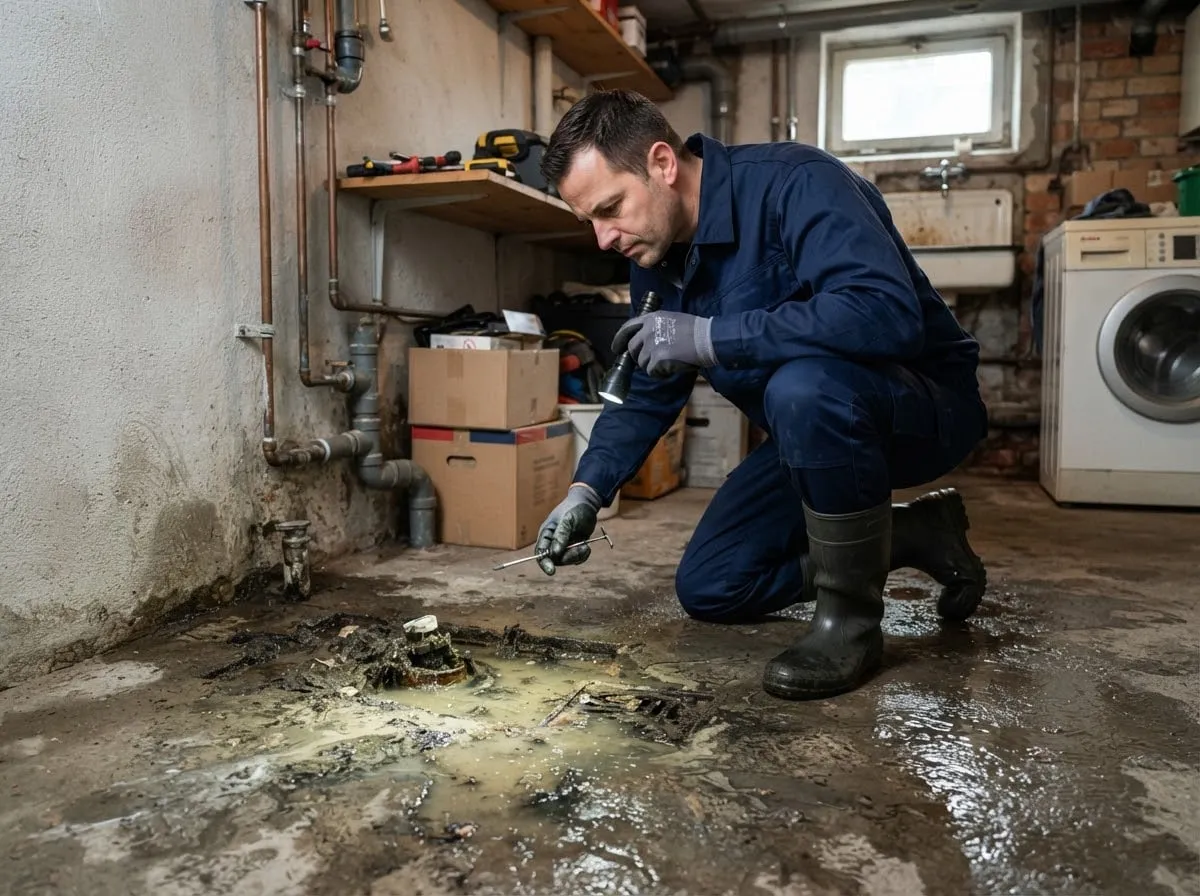 Rückstau im Kanal: Abwasser steht am Bodenablauf im Keller
