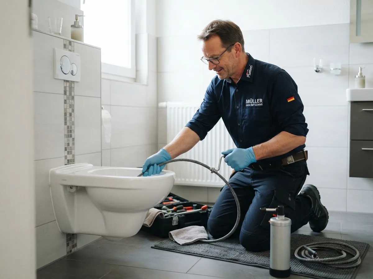 Techniker löst eine WC-Verstopfung mit einer Handspirale