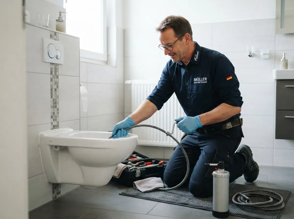 Toilette verstopft: Techniker löst die WC-Verstopfung mit einer Handspirale