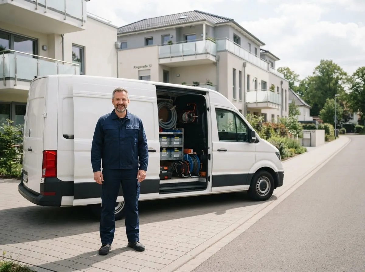 Techniker von Rohrreinigung-Schnell mit Ausrüstung vor einem Wohnhaus