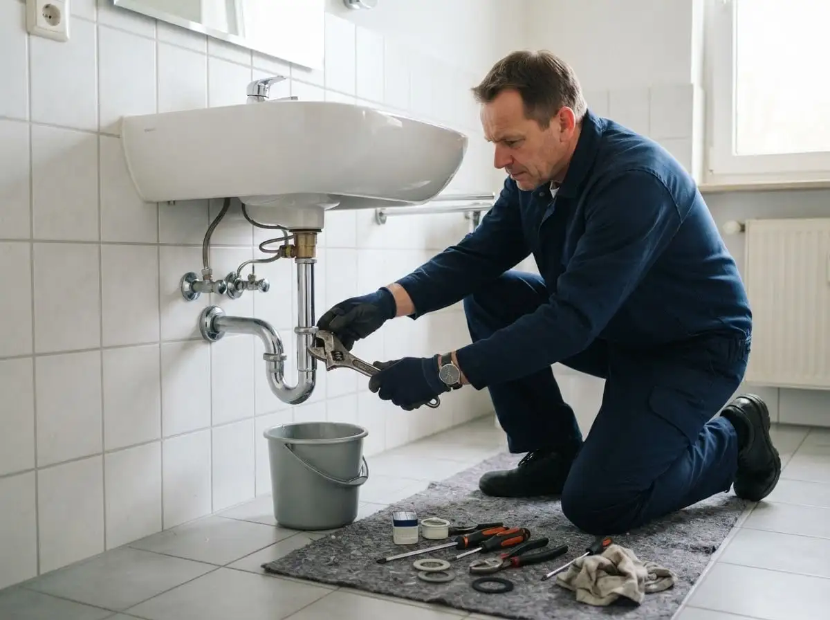 Waschbecken verstopft: Techniker baut den Siphon unter dem Waschbecken aus
