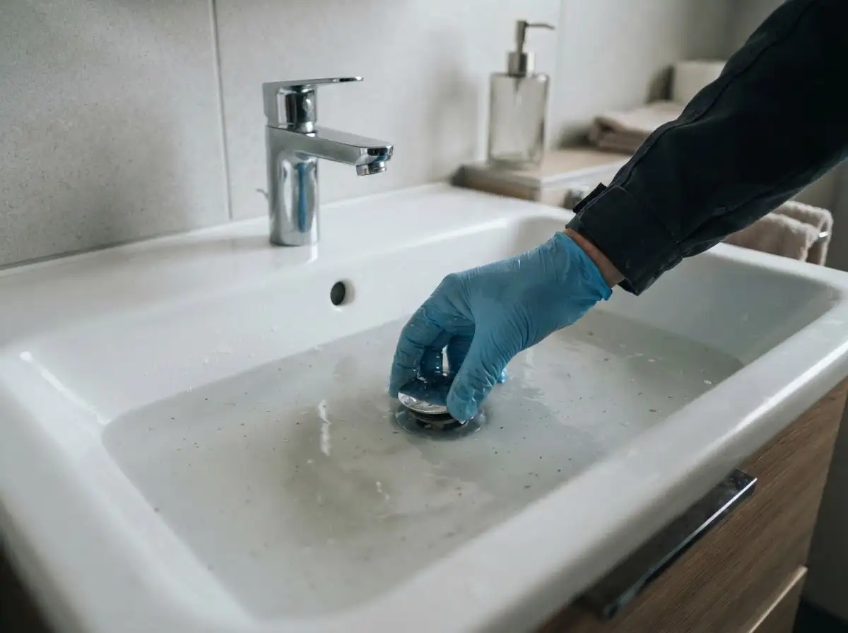 Wasser läuft nicht ab: Techniker prüft ein Waschbecken mit stehendem Wasser