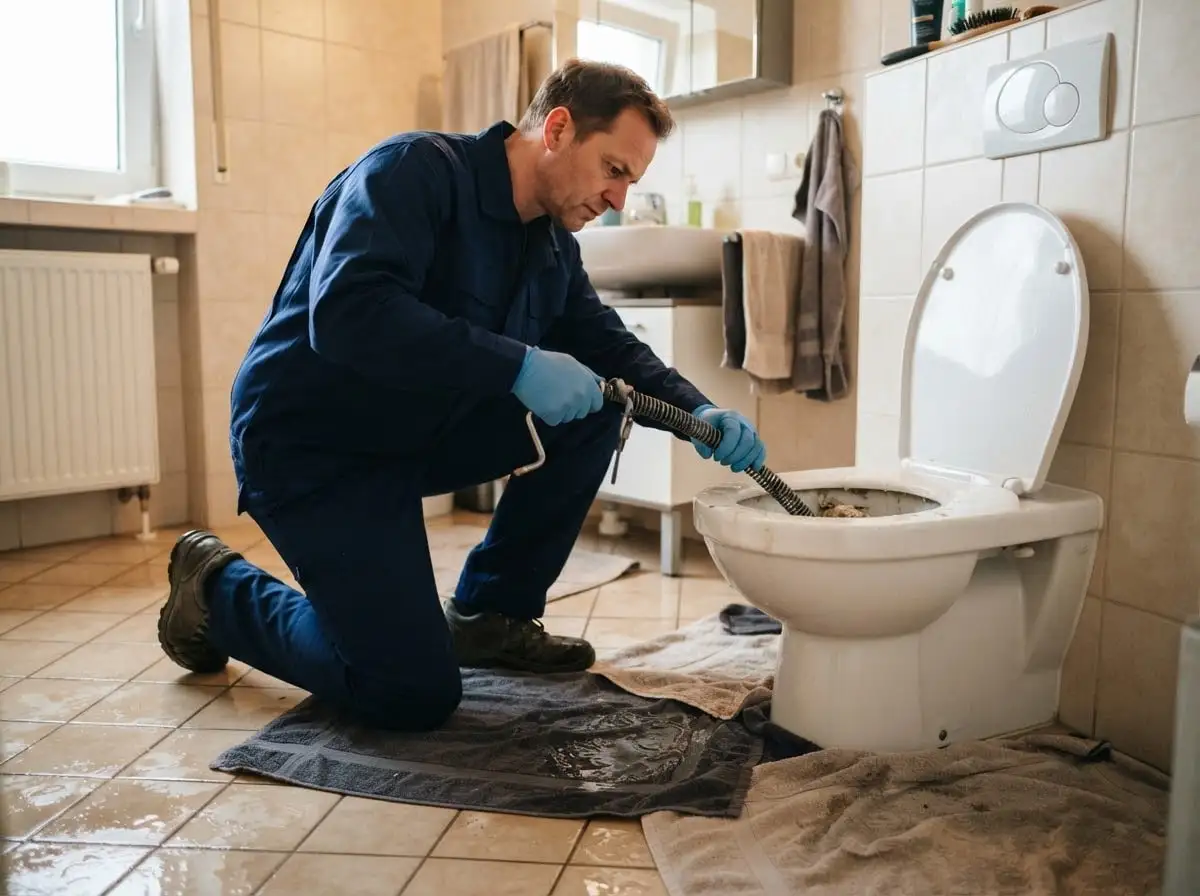 WC läuft über: Techniker beseitigt eine Verstopfung an einer übergelaufenen Toilette